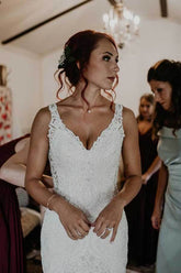 Mermaid V-neck Lace Beaded Wedding Dresses With Train, Bridal Gown