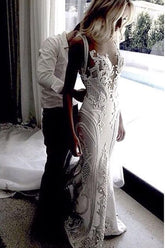 Mermaid V-neck Lace Wedding Dresses With Court Train, Wedding Gown