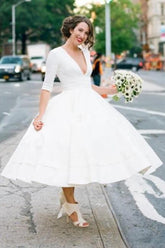 Modest A-line V-neck Half Sleeves Tea Length Taffeta Wedding Dresses