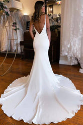 Modest Satin Mermaid Deep V-neck Wedding Dresses With Court Train
