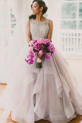 Modest Tulle A-line Scoop Sweep Train Wedding Dresses, Bridal Gowns