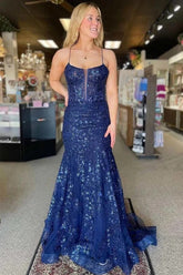 Mermaid Spaghetti Straps V-neck Lace Appliques Prom Dress,