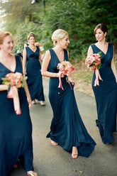 Satin A-line V-neck Backless Sweep Train Bridesmaid Dresses