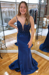 Satin Mermaid V Neck Rhinestone Prom Dresses, Evening Dress