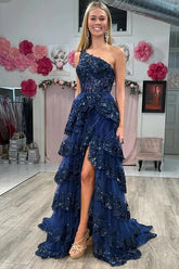Sequins One-Shoulder Prom Dresses With Slit, Evening Dress