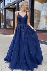 Tulle Lace A-line V-neck Prom Dresses, Long Formal Dresses