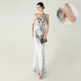 New pendant bead chain positioning flower embroidered sequins deep V backless evening dress, performance banquet host