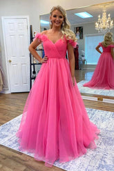 Off Shoulder Hot Pink Tulle Prom Dresses with 3D Flowers