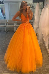 Orange Tulle V-neck Prom Dresses With Lace Appliques, Long Formal Dress