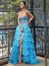 Strapless Corset Ball Gown With Ruffle Skirt Slit