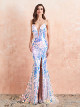 Deep V-Neck Sparkly Sequin Sexy Mermaid Evening Dress Long With Split