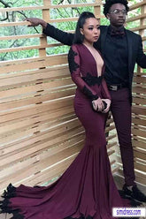 Gorgeous Purple Long Sleeves Mermaid Prom Dresses with Black Appliques