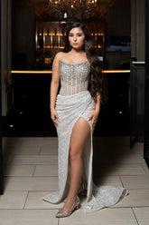 Sparkly Champagne Strapless Sequins Bodycon Long Corset Prom Dress with Beading