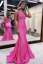 Sparkly Fuchsia One Shoulder Sequined Mermaid Long Prom Dress