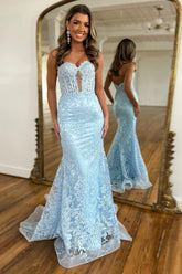 Light Blue Sweetheart Mermaid Long Corset Prom Dress with Appliques