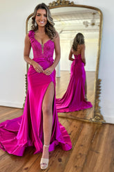 Fuchsia One Shoulder Mermaid Ruched Long Corset Prom Dress with Appliques