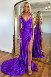 Purple Spaghetti Straps Mermaid Satin Long Corset Prom Dress with Slit