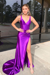 Purple V-neck Mermaid Satin Ruched Long Corset Prom Dress with Slit