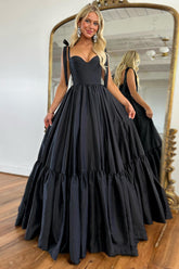 Black Spaghetti Straps A-Line Satin Long Prom Dress