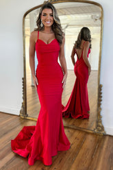 Red Spaghetti Straps Mermaid Satin Long Prom Dress with Open Back