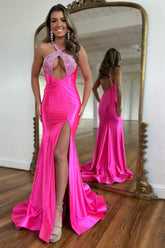 Fuchsia Halter Neck Mermaid Satin Long Prom Dress with Beading