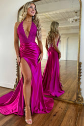 Fuchsia Halter Neck Mermaid Satin Long Prom Dress with Appliques