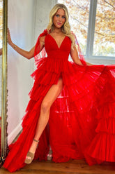 Red Adjustable Straps A-Line Tulle Tiered Long Prom Dress with Slit