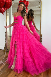 Fuchsia Sweetheart A-Line Tulle Tiered Long Prom Dress with Slit
