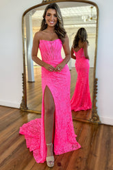 Hot Pink Strapless Mermaid Lace Long Corset Prom Dress with Slit