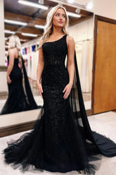 Black One Shoulder Cape Tulle Long Corset Prom Dress with Appliques