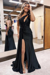 Black One Shoulder Mermaid Satin Long Prom Dress with Sequins