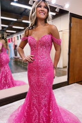 Fuchsia Off the Shoulder Mermaid Long Prom Dress with Appliques