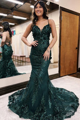 Dark Green Spaghetti Straps Mermaid Open Back Long Prom Dress with Appliques