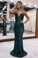 Sparkly Dark Green Spaghetti Straps Sequins Mermaid Long Prom Dress