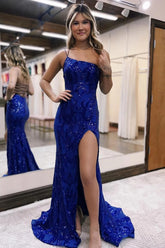 Sparkly Royal Blue One Shoulder Sequins Mermaid Long Prom Dress with Slit