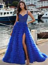 Sparkly Bodice Spaghetti Strap Layered Slit Ball Gown Prom Dress