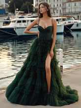 Bodice Spaghetti Strap Tulle Ruffle Prom Dress With Slit