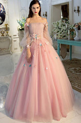 Tulle Ball Gown Off-the-Shoulder Long Sleeves Prom Dresses