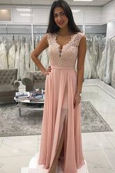 Pink Chiffon A-line Prom Dresses With Appliques, Beaded Evening Dress