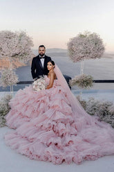 Pink Layers Tulle Ball Gown Straight Neck Wedding Dresses, Bridal Gowns