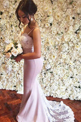 Mermaid Sweep Train Long Bridesmaid Dresses With White Lace