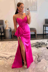 Satin Sheath Strapless Floor Length Prom Dresses With Bowknot