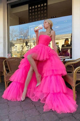Pink Tulle A-line High Low Princess Long Prom Dresses, Evening Dress