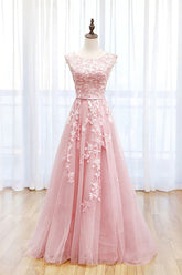 Tulle A-line Scoop Lace Prom Dresses With Train, Long Formal Dresses