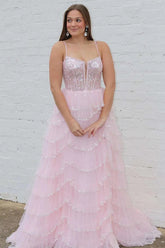 Tulle A-line Spaghetti Straps Plunging Neck Lace Prom Dresses