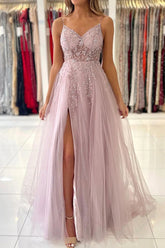 Pink Tulle A-line V-neck Beaded Prom Dresses With Slit, Evening Gowns