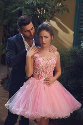 Tulle Hand-Made Flowers Short Prom Dresses, Homecoming Dress