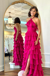Pretty Halter Neck Ruffle Fuchsia Long Prom Dress