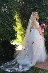 Princess Pink Tulle Spaghetti Straps V-neck Wedding Dresses, Bridal Gown