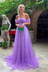 Purple A-line Strapless Off Shoulder Long Prom Dresses, Evening Dress,